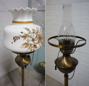 画像6: 西洋　クラシカル　古いアンティーク　1灯　フロアライト　アイアン　ゴールド色　乳白ガラス　スタンドライト　照明　オイルランプ風　英国　洋館　カフェ