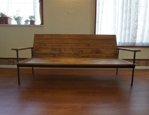 画像1: 【 美品 】　北欧モダン　ヴィンテージ調　天然木 × 鉄脚 アイアン　長椅子　ベンチ　チェア　3Pソファ　3シーター　3人掛け　フレンチ調　西海岸style