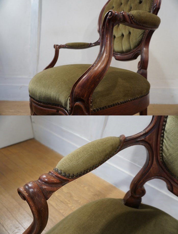 高価値セリー フランスアンティーク猫脚サロンチェア/木製肘掛け椅子/刺繍(69-221-1) その他