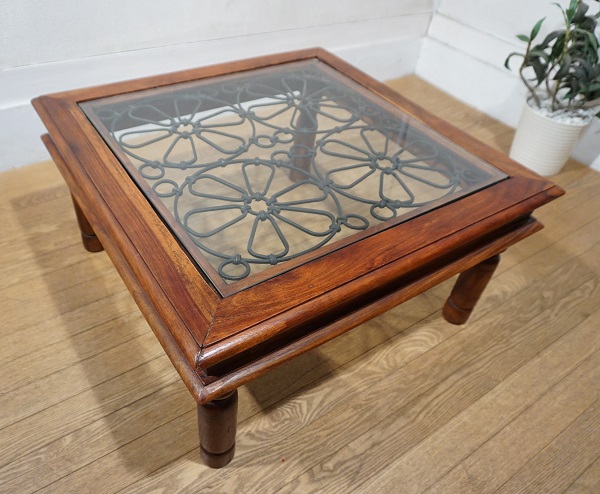 西洋 洋館 クラシック センターテーブル ガラストップ アイアン 彫刻